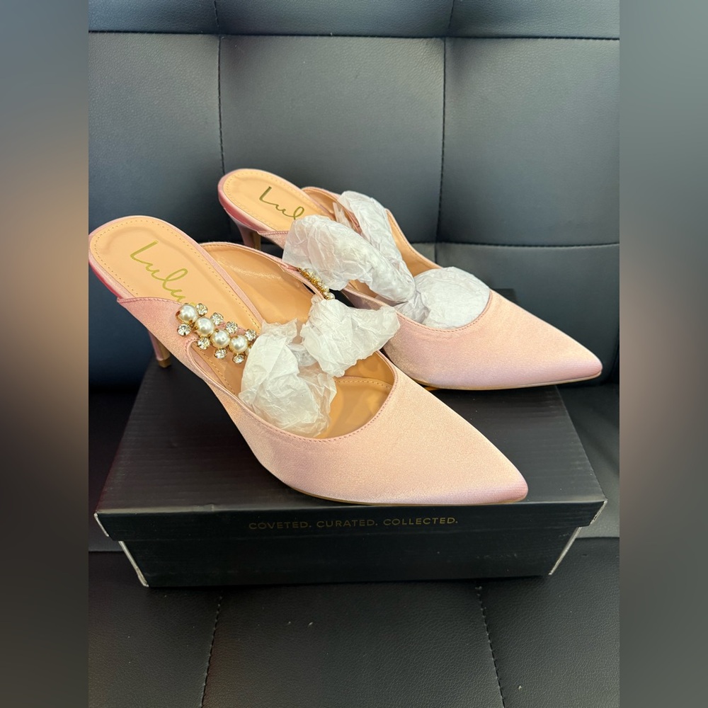 Lulu's Pink Satin Pearl-Embellished Pointed-Toe Mules - Picture 3 of 5